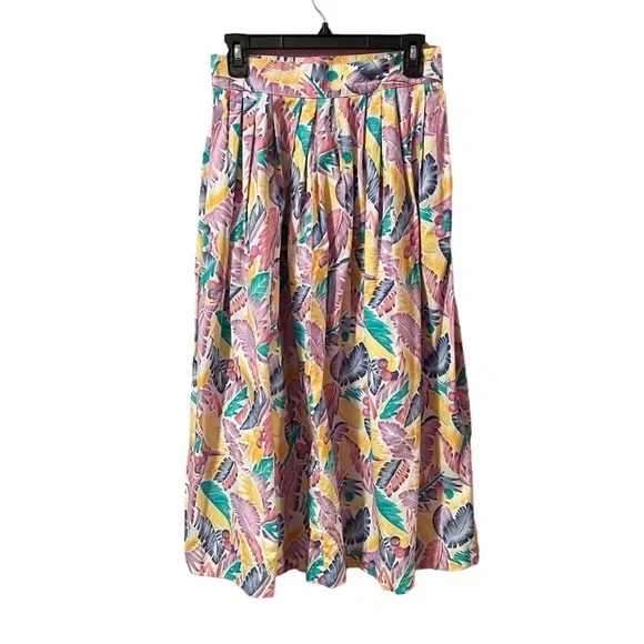 VINTAGE 80S MIDI SKIRT TROPICAL FLORAL PRINT COLORFUL PASTELS POCKETS XS - Picture 5 of 10